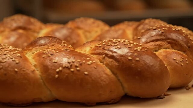 Delicious Freshly Baked Golden Challah Bread Loaf with Sesame Seeds, Braided Texture Detail, Ready for Shabbat or Holiday Celebration