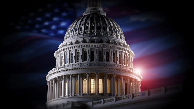 Capitol dome with waving flag, dramatic night lighting highlights neoclassical architecture and columns against blurred stars and stripes backdrop cinematic