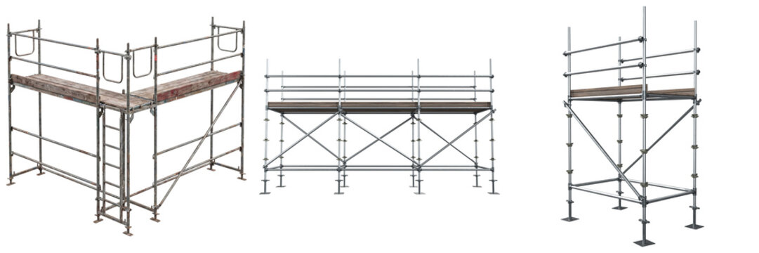 Three different views of metal scaffolding with wooden planks, isolated on transparent background