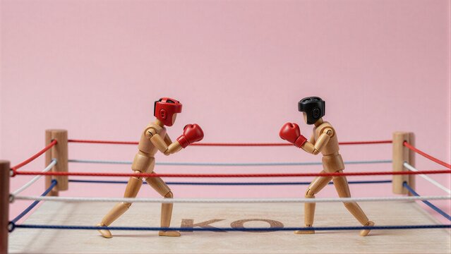 Two wooden figurines box in a ring ready for battle against pink