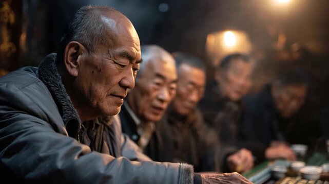 Local tea house in the evening with men playing games and enjoying tea in a relaxed atmosphere