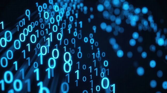 Streaming data visualization featuring blue glowing binary code and digital numbers.