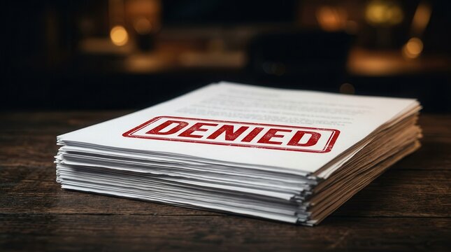 A loan rejection and application refusal concept showing a stack of papers with a red DENIED stamp.