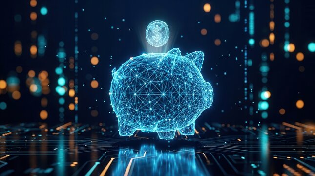 Secure online savings concept featuring a futuristic virtual banking system and cryptocurrency interface.