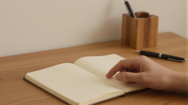 Hand rests on open notebook pens nearby suggesting quiet writing or