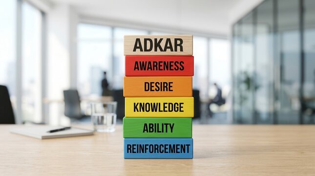 Organizational transformation concept featuring ADKAR model blocks for employee development and communication.