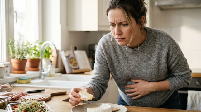 Nauseous pregnant woman in a grey sweater looking with aversion and disgust at cheese on a kitchen counter while holding her stomach, portraying morning sickness and food sensitivity.