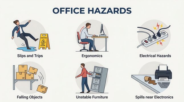 Workplace safety illustration detailing electrical overloads, falling objects, and unstable furniture.