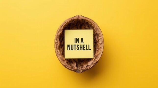 Concise ideas and simplified explanation concept featuring text in a walnut shell on yellow background.