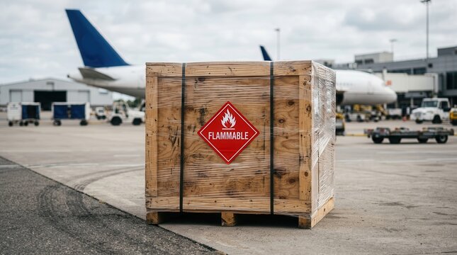 Dangerous goods shipping regulations and international aviation logistics with flammable label on wooden crate.