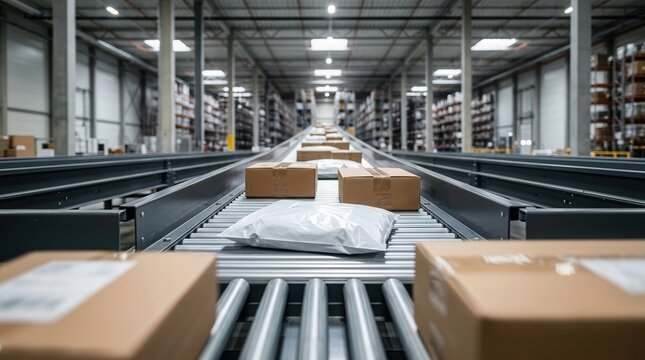 Cardboard boxes and white mailer envelopes on an automated conveyor belt illustrating shipping processes.