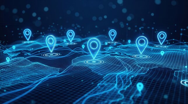 A digital map landscape featuring glowing GPS markers and blue location pins for navigation.