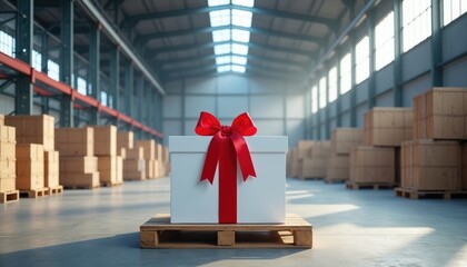 Fototapeta premium Large white gift box with red ribbon sits on wooden pallet in large warehouse. Stacks of cardboard boxes surround present in industrial storage facility. Logistics, delivery and celebration concept.