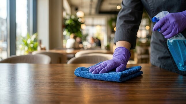 Hospitality staff performing surface sanitization on a wooden table using a blue cloth and cleaning spray.