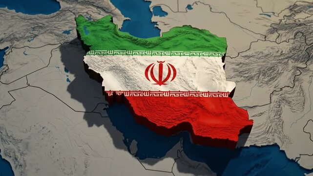 3D animated map of Iran with national flag textured on relief terrain zooming in over Middle East background