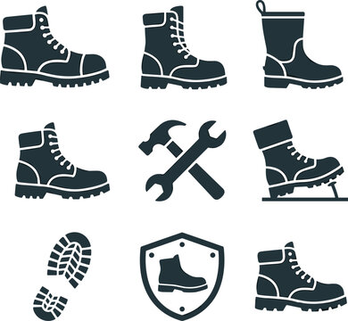 Industrial Safety Boots and Construction Work Footwear Black Silhouette Vector Icon Set