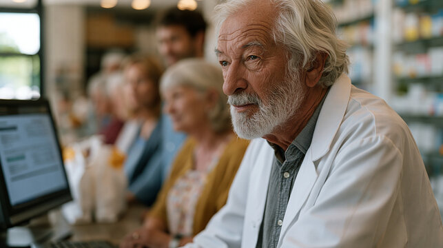 Elderly man at an urban community pharmacy counter having a pharmacist explain antibiotic resistance risk results generated by an AI prediction tool on the pharmacy system screen, other customers wa