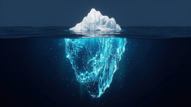 Concept for data storage and security solution featuring a digital iceberg in a dark ocean.