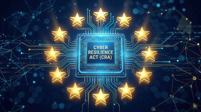Digital security legislation concept featuring the EU Cyber Resilience Act CRA and a central microchip.