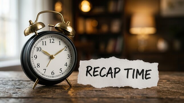 Organized schedule planning and task review shown with an alarm clock and recap time note.