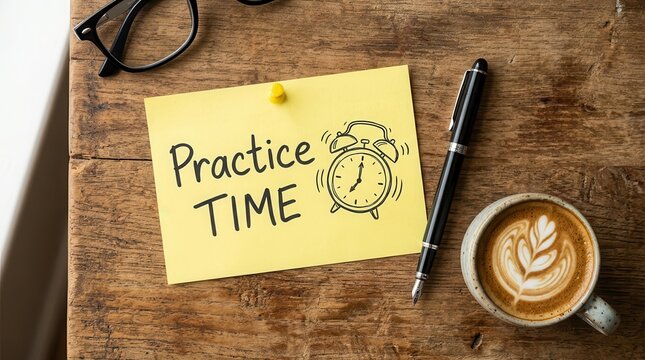 Daily practice routine reminder with a handwritten Practice Time note on a wooden desk.