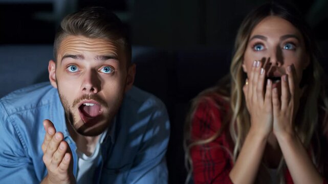 Young couple on couch reacting to thriller, popcorn bowl in hands, cozy blanket draped over knees, dim living room light, surprised expressions, shared suspense