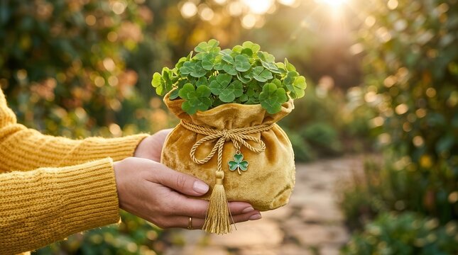 Golden velvet bag of four-leaf clovers held in hands representing wealth and happiness.