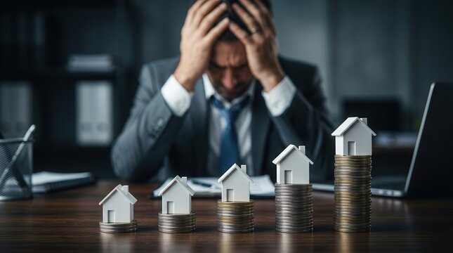 Real estate crisis concept showing a man in despair behind models of houses on growing stacks of coins.