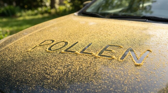 Seasonal allergy trigger showing thick pollen dust covering a vehicle hood.