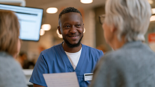 Clinical pharmacist at a hospital admission desk performs medication reconciliation with an elderly patient clutching a handwritten home medication list, cross-referencing each drug against the elec