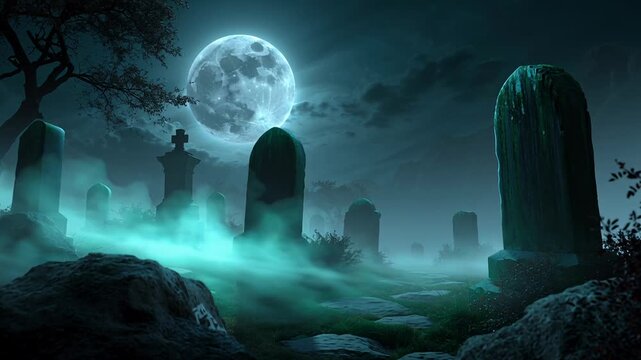 Moonlit foggy graveyard at night, ancient tombstones and standing stone silhouetted against full moon, violet mist drifting among crosses, ruined tower