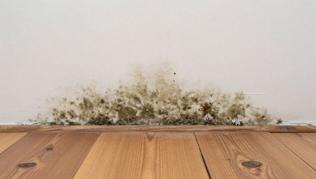 Mold growth visible on interior wall near wooden floorboards in a domestic home