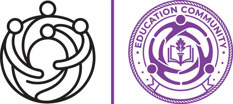 Education community logo set with stylized people figures and academic emblem featuring book and torch for school or organization branding