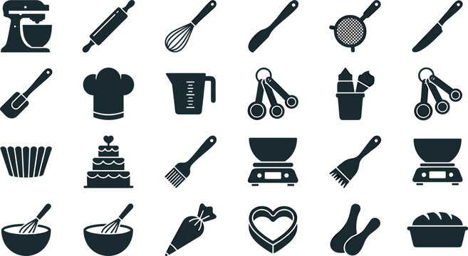 Kitchen Baking Tools and Pastry Cooking Equipment Black Silhouette Vector Icon Set