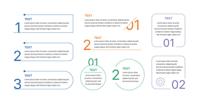 Business infographic template set featuring minimalist workflow layouts with numbered steps and text boxes. Modern illustration of process charts, timelines, and diagram elements for presentations.