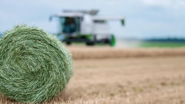 Panning shot of round hay bale with tractor and combine passing while harvesting on flat farmland field under cloudy afternoon sky