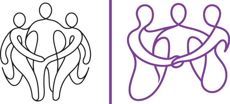 Abstract line art vector of three people holding hands in a circle with minimalist black and purple outline icons for teamwork and community