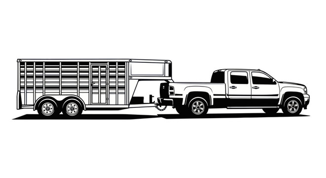 Pickup Truck Towing Livestock Trailer, Vehicle Transportation Illustration