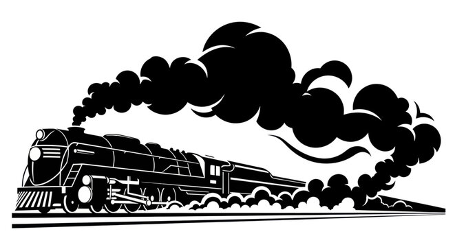 Vintage Steam Locomotive Train Emitting Smoke, Black Silhouette on White Background