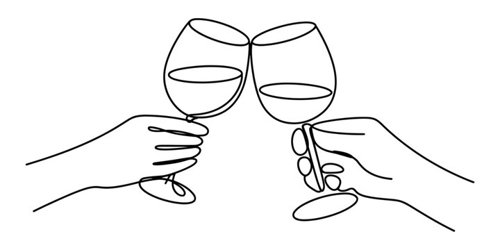 Two hands holding wine glasses clinking together in a toast line art illustration