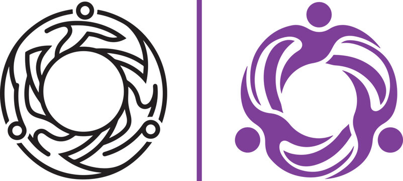 Abstract community logo set with interlocking human figures in circular motion vector icons in black outline and purple solid styles for teamwork and unity branding