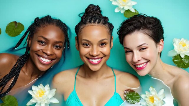 Slow motion overhead tracking shot of three women smiling and floating with water lilies in turquoise studio pool during daytime summer session