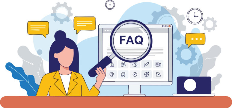 Self-service knowledge base search with woman and magnifying glass