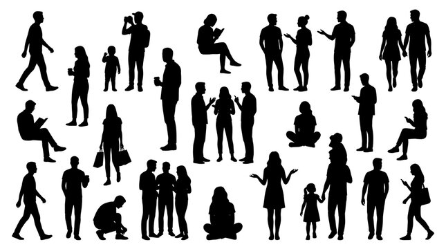 Silhouette of diverse people walking and standing in various activities line art illustration
