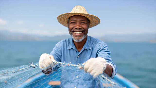 Tracking shot of fisherman pulling net and smiling on small boat at sea with distant coastline and calm blue water during daytime