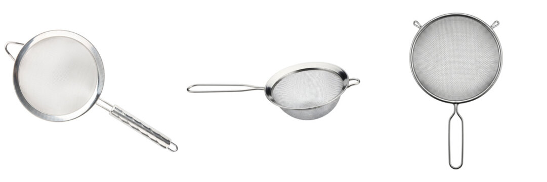 Three different metal sieves or strainers isolated on a transparent background
