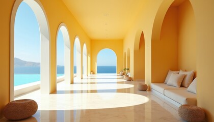 Fototapeta premium Modern sunny yellow arched hallway with sea view. Bright marble floor reflects light. Minimalist decor features seating, cushions, and plants. Elegant architecture offers a calm oasis.