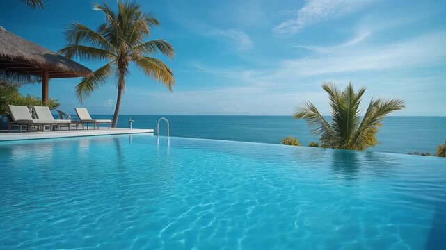 Luxurious infinity pool retreat with ocean view, palm trees, lounge chairs, tropical serenity, relaxation, leisure, paradise escape, tranquil atmosphere