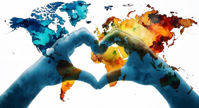 World environment day hands forming a heart with world map watercolor illustration