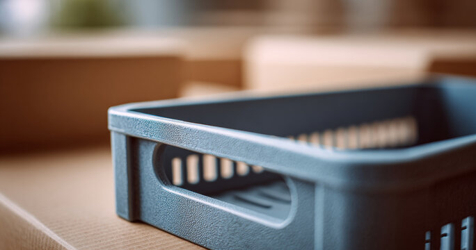 Close-up of empty plastic storage crate